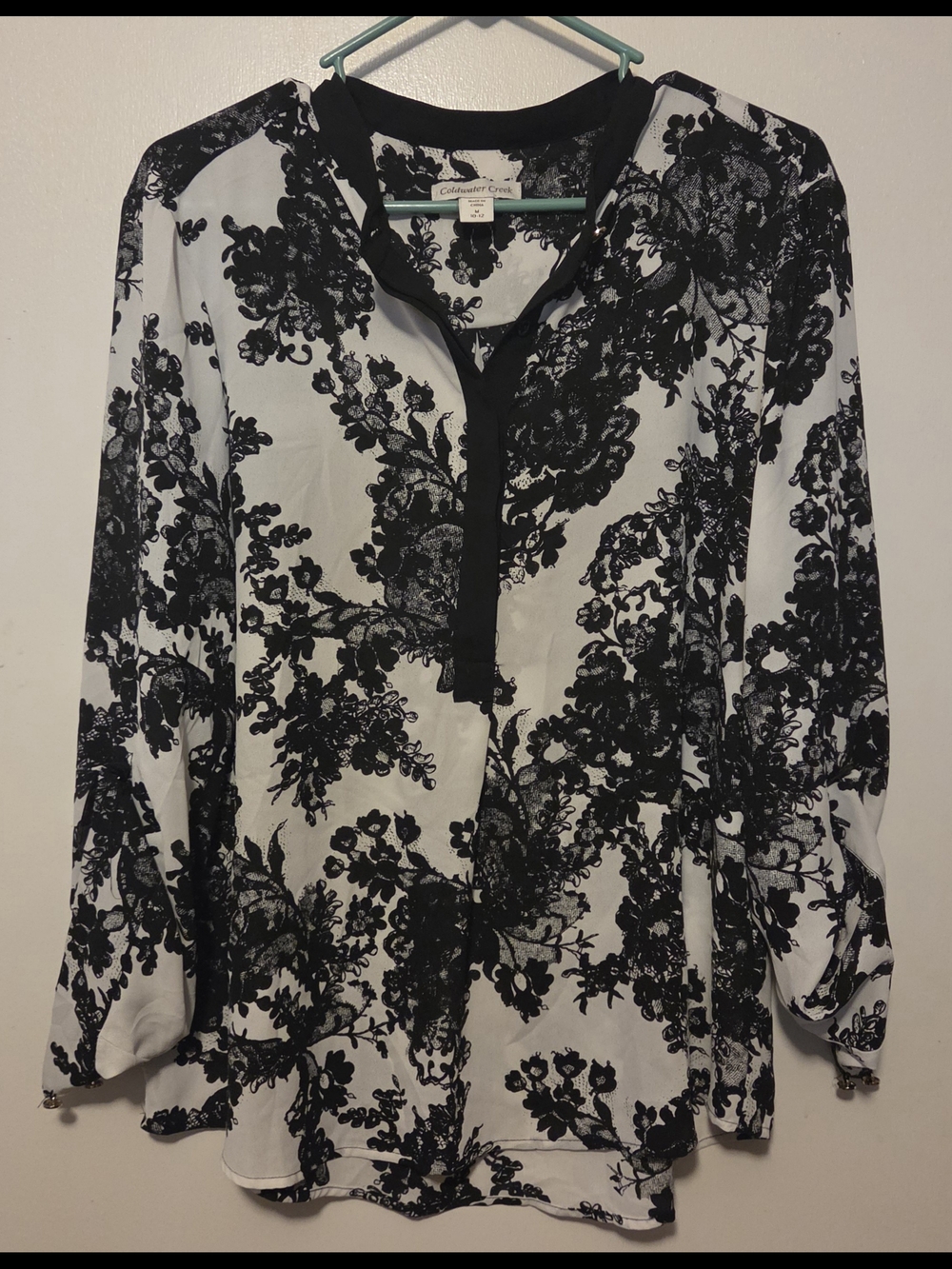 Coldwater Creek Black & White Floral Split-Neck Blouse with Contrast Trim